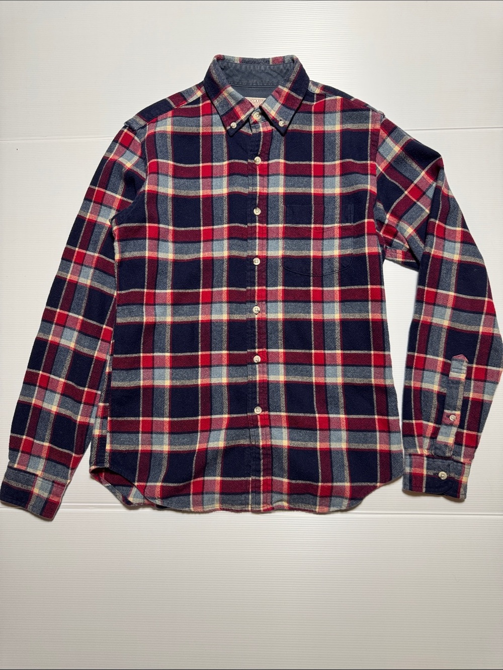 WALLACE & BARNES Men's Flannel Navy Red Plaid Button-Down Shirt Cotton Wool S